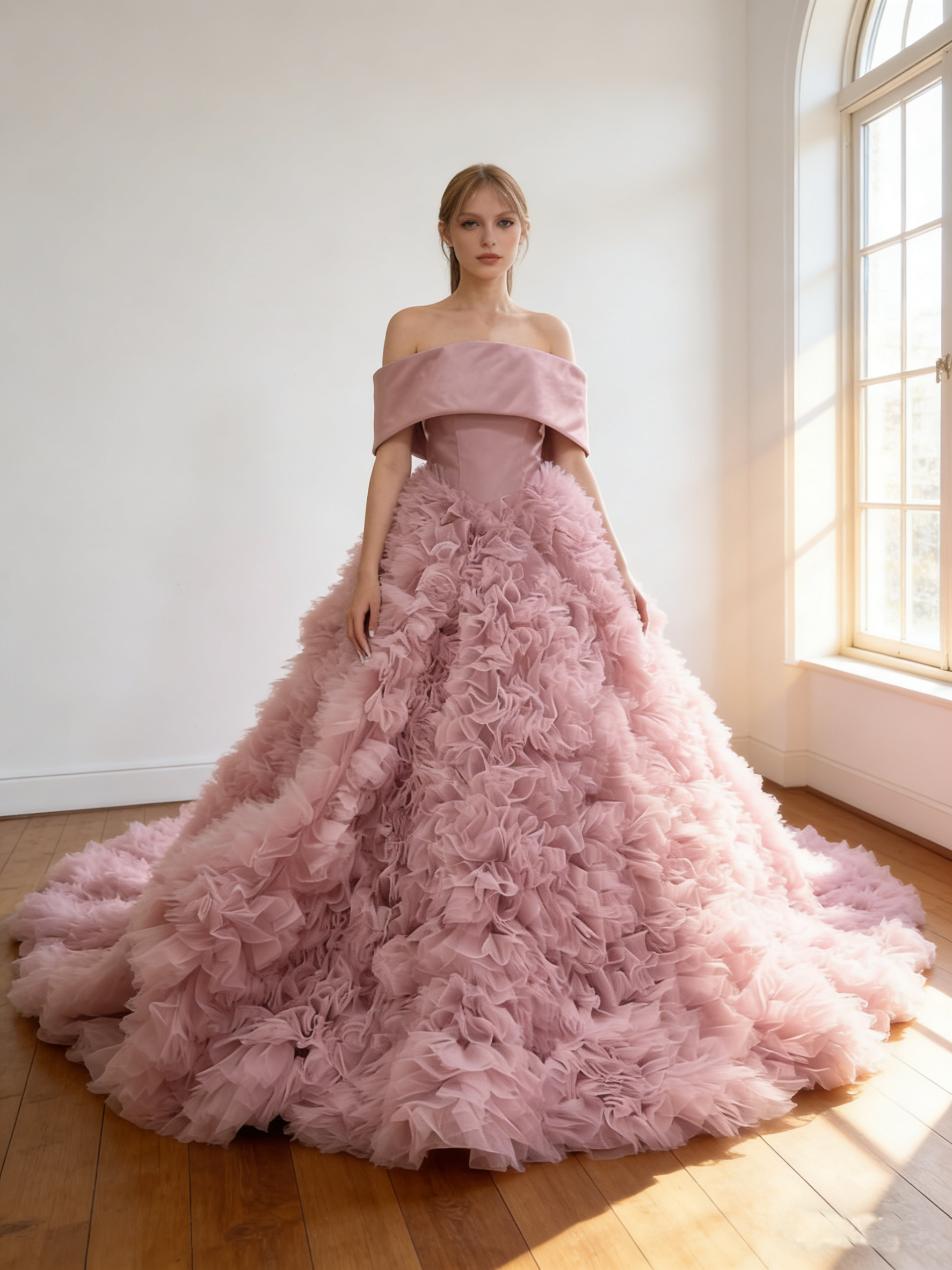 カラードレス  ピンク   オフショルダー   ボリュームドレス   編み上げ   華やかなトレーン  結婚式  前撮り