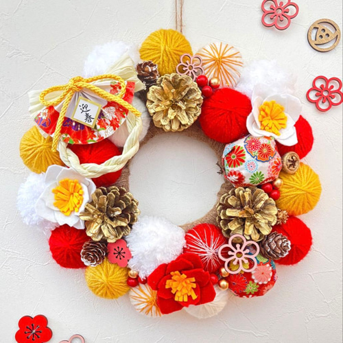 お正月飾り 毛糸玉リース お正月 しめ縄 しめ飾り ハンドメイド