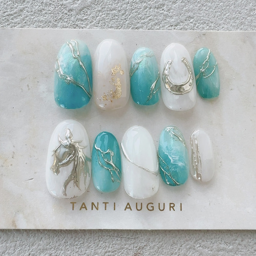 干支 ウマ ネイルチップ 2026 馬 ターコイズブルー ターコイズグリーン