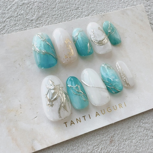 干支 ウマ ネイルチップ 2026 馬 ターコイズブルー ターコイズグリーン