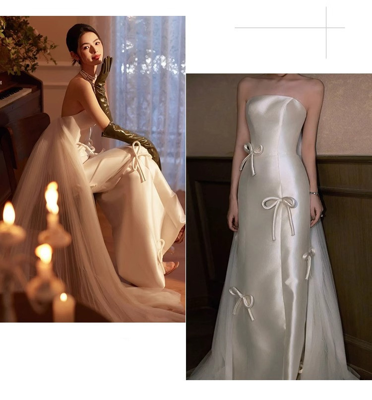 ウェディングドレス 白 黒 サテン リボン ノースリーブ 韓国風 結婚式 花嫁 演奏会 前撮り お呼ばれ AK421