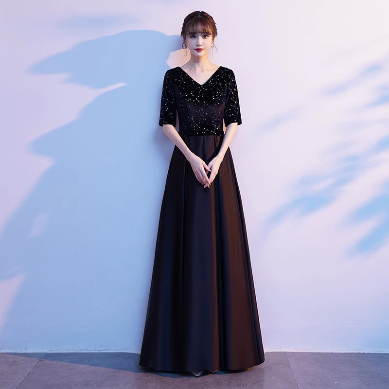 パーティードレス 半袖 黒 赤 青 きらきら シンプル 韓国風 パーティー 演奏会 前撮り お呼ばれ AK422