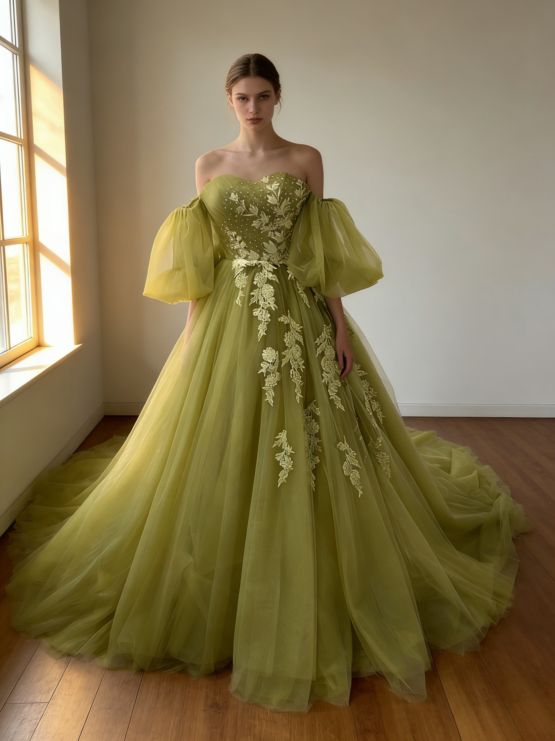 送料無料！グリーンカラードレス 3D立体レース刺繍 ソフトチュール 黄緑色パーティードレス 花嫁/前撮り/演奏会/音楽