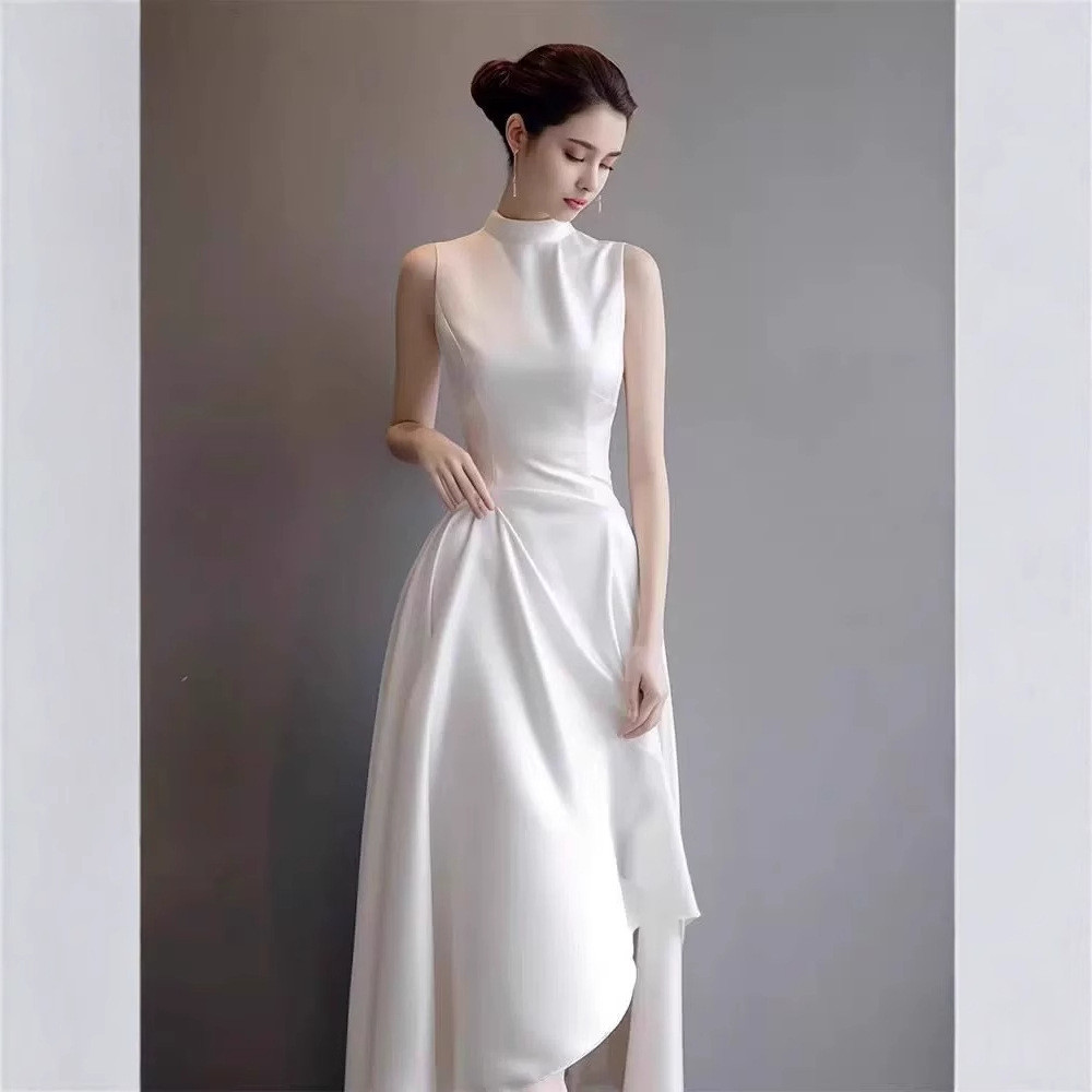 パーティードレス 黒 白 サテン ノースリーブ シンプル 韓国風 パーティー 演奏会 前撮り お呼ばれ AK427