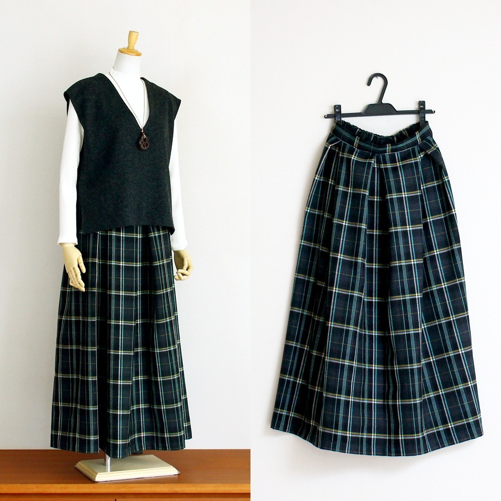 c_o_c_o_r_o　グレー系　ウールチェックのふんわりタックスカート