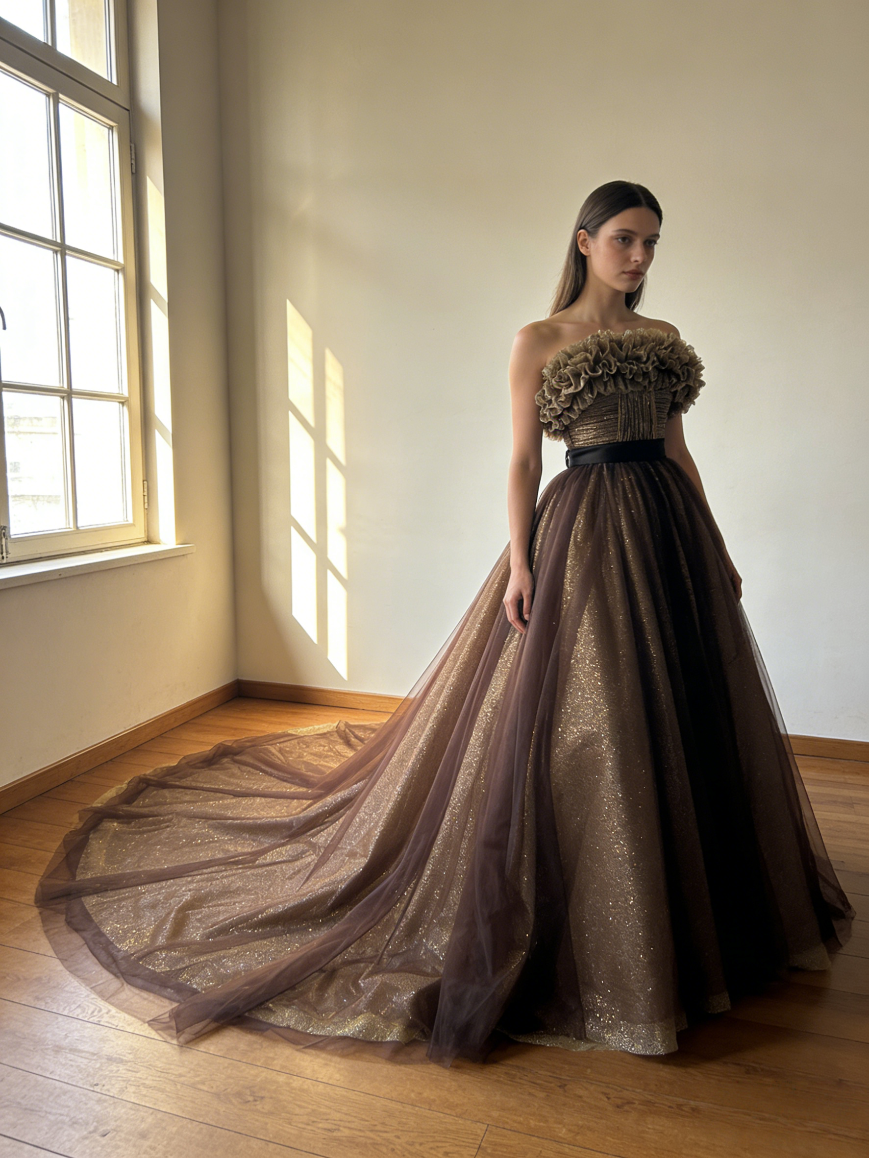 取り外しオフショルダー コーヒーの色 カラードレス キラキラチュール ソフトチュール ト華やかなトレ/前撮り/結婚