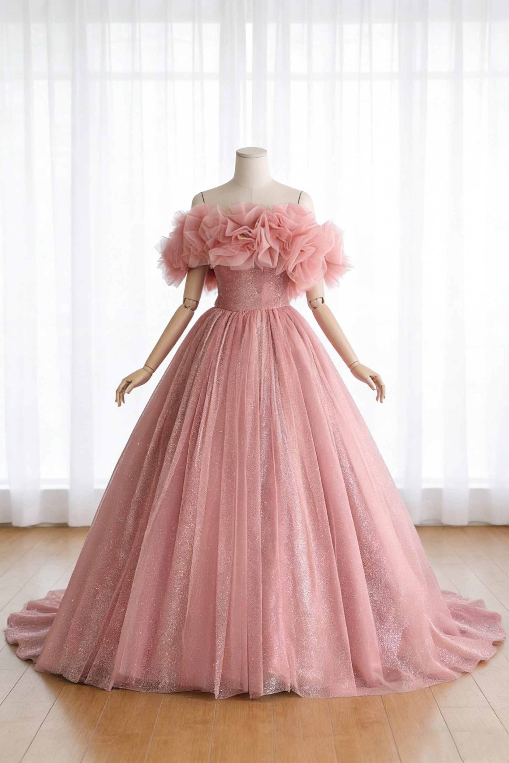 送料無料！カラードレス 取り外し可能なオフショルダー キラキラグリッターチュール ピンク 結婚式 プリンセスライン 46,140円