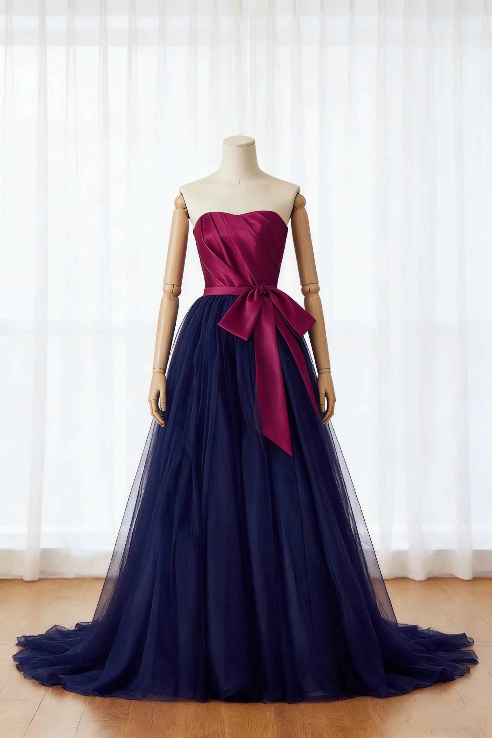 送料無料！カラードレス ネイビー ベアトップ エレガント リボン 柔らかく重ねたチュールスカート 前撮り ピアノ演奏会