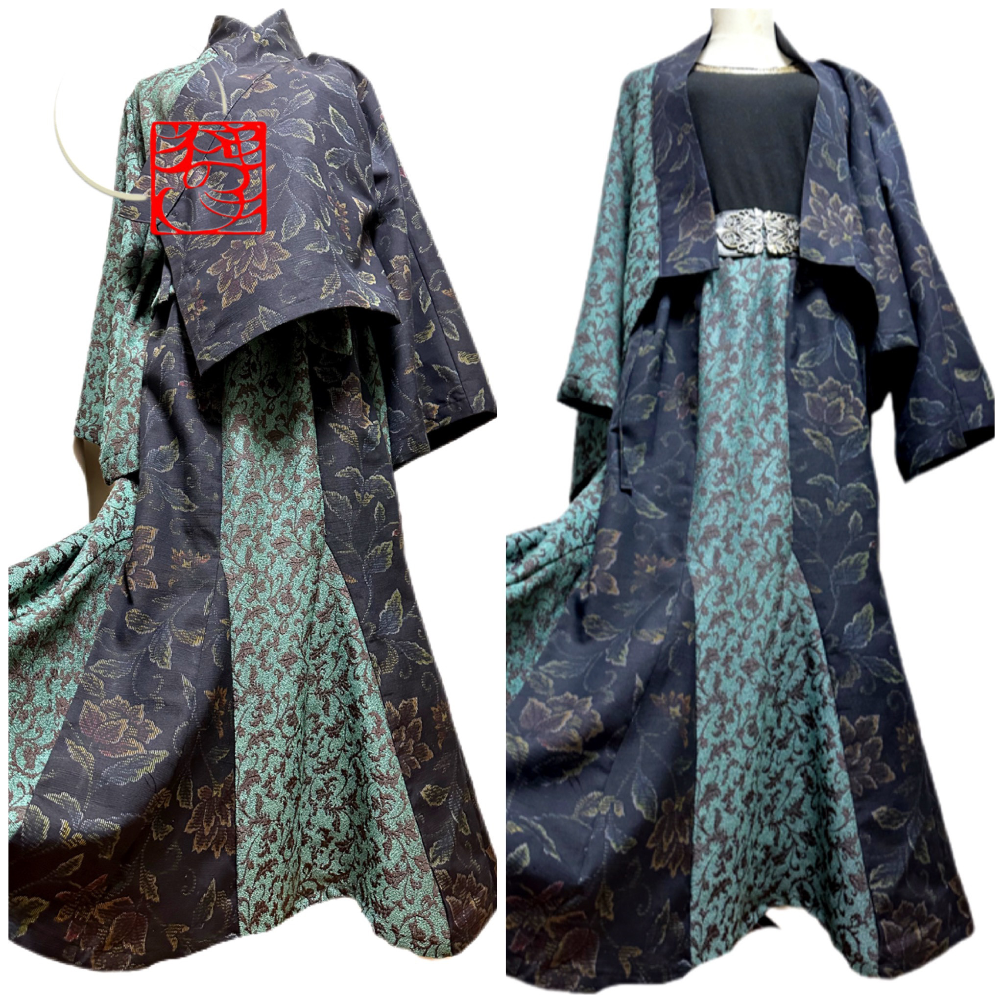 着物リメイク　セットアップ　スーツ　アンサンブル　大島紬×グリーン系高級ジャガード　羽織り＆マーメイドスカート