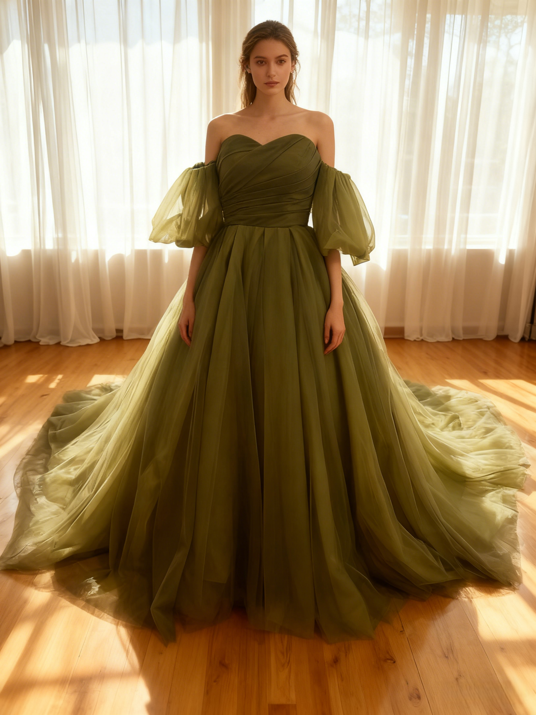 高品質！カラードレス グリーン ベアトップ トレーン ビスチェドレス 花嫁