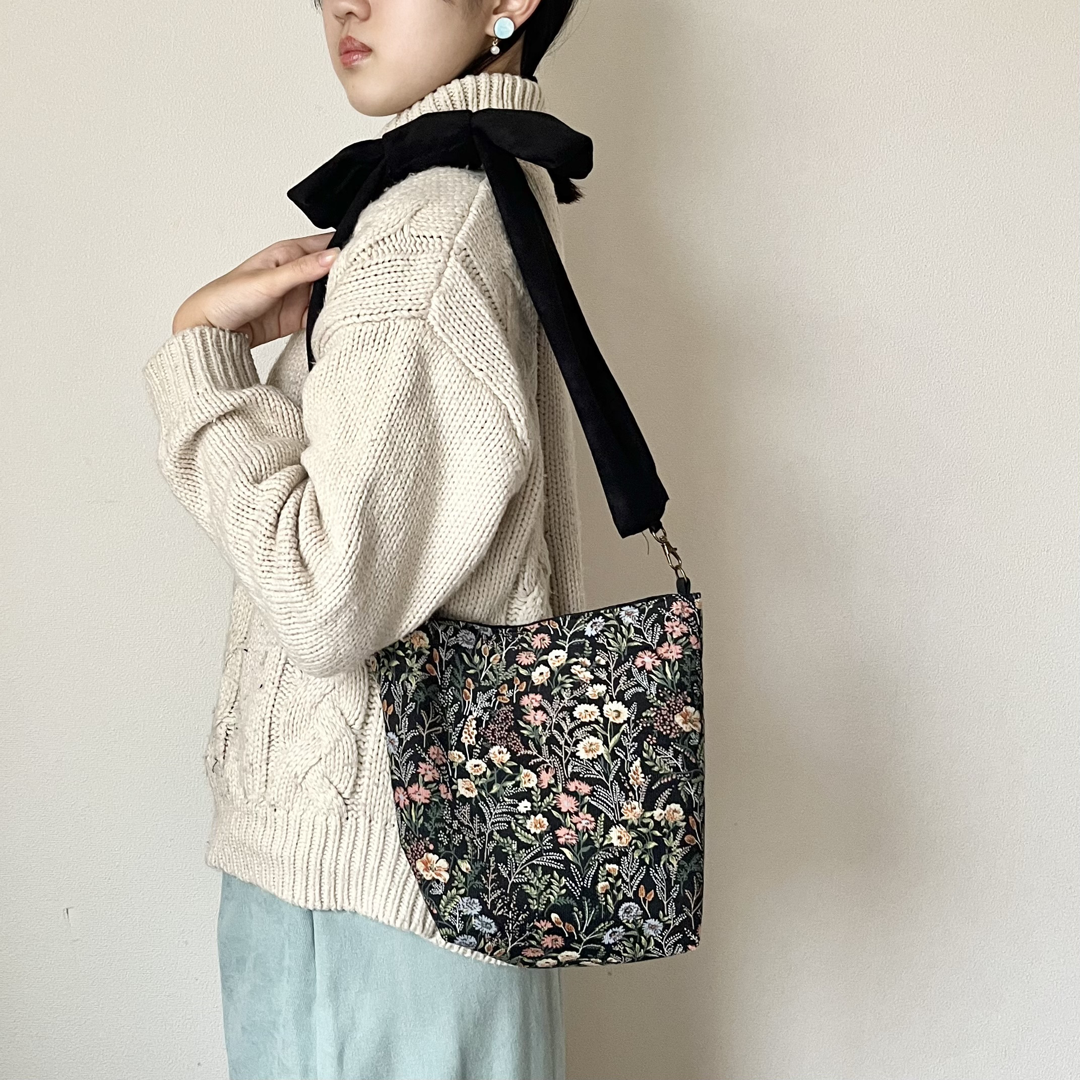 【Creema限定新春福袋2026＜竹＞】リボンショルダー＆フラワー柄ミニバッグ・エコファーカバーセット