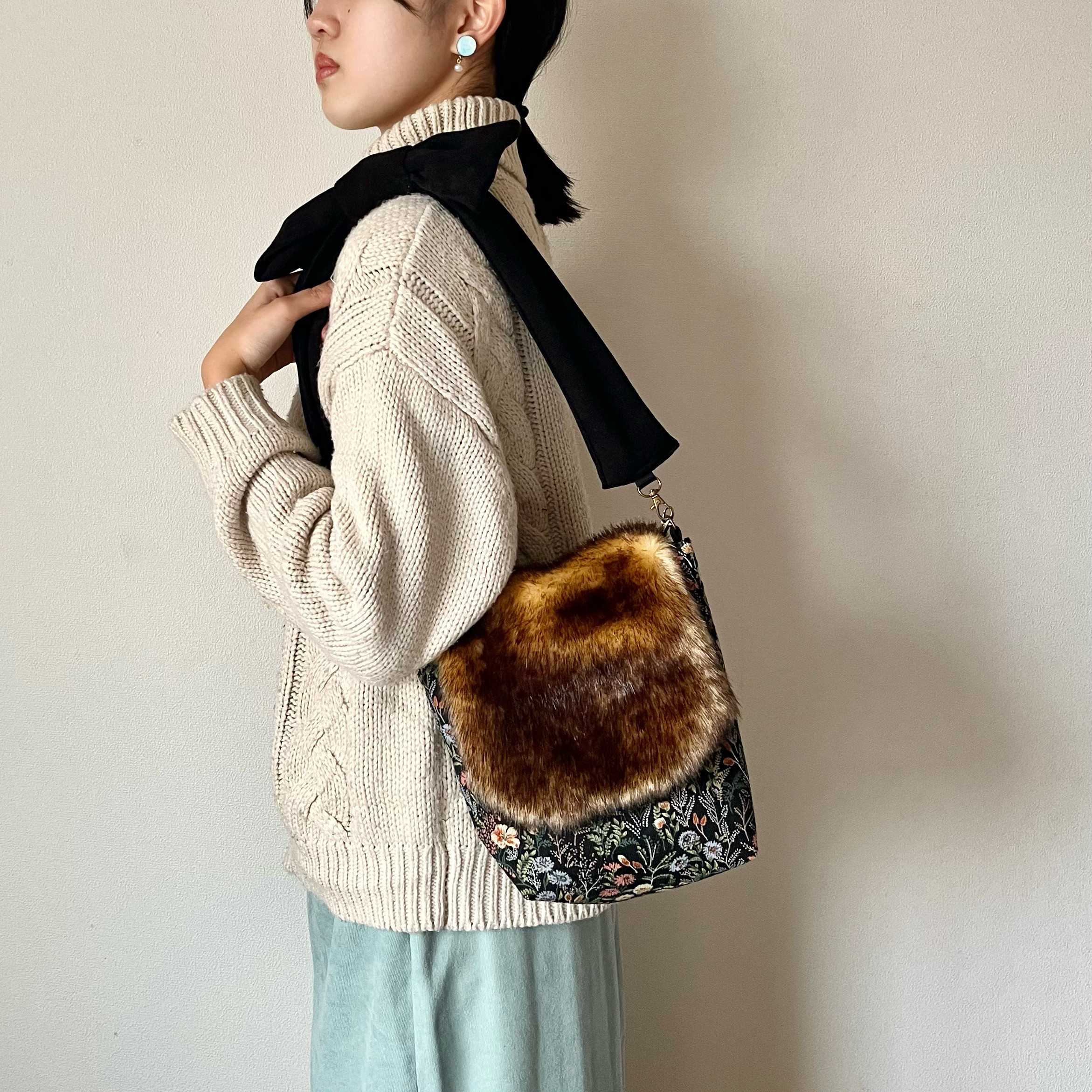 【Creema限定新春福袋2026＜竹＞】リボンショルダー＆フラワー柄ミニバッグ・エコファーカバーセット