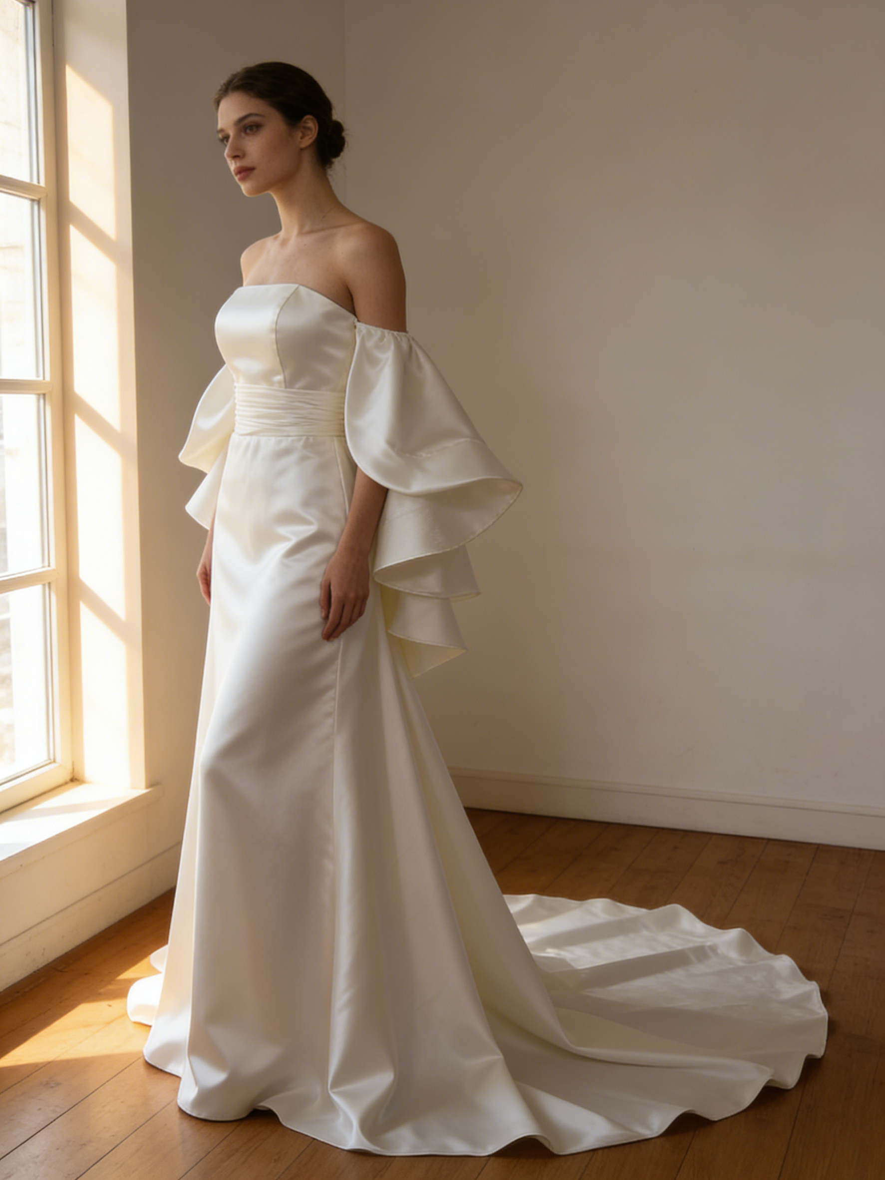 豪華！送料無料！ウエディングドレス シルクドレス バックリボン パフスリーブ 花嫁/挙式/前撮り/結婚式