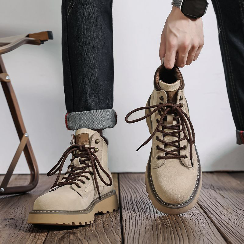 英国風マーチンブーツ男中援復古ショートブーツ毛皮厚底増高工装靴冬加絨大黄靴