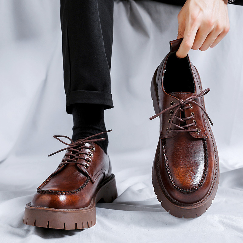 英国風秋レトロな足幅カジュアル革靴男性用婦人靴ローカットアーミーカーキ厚底高めダービーシューズ