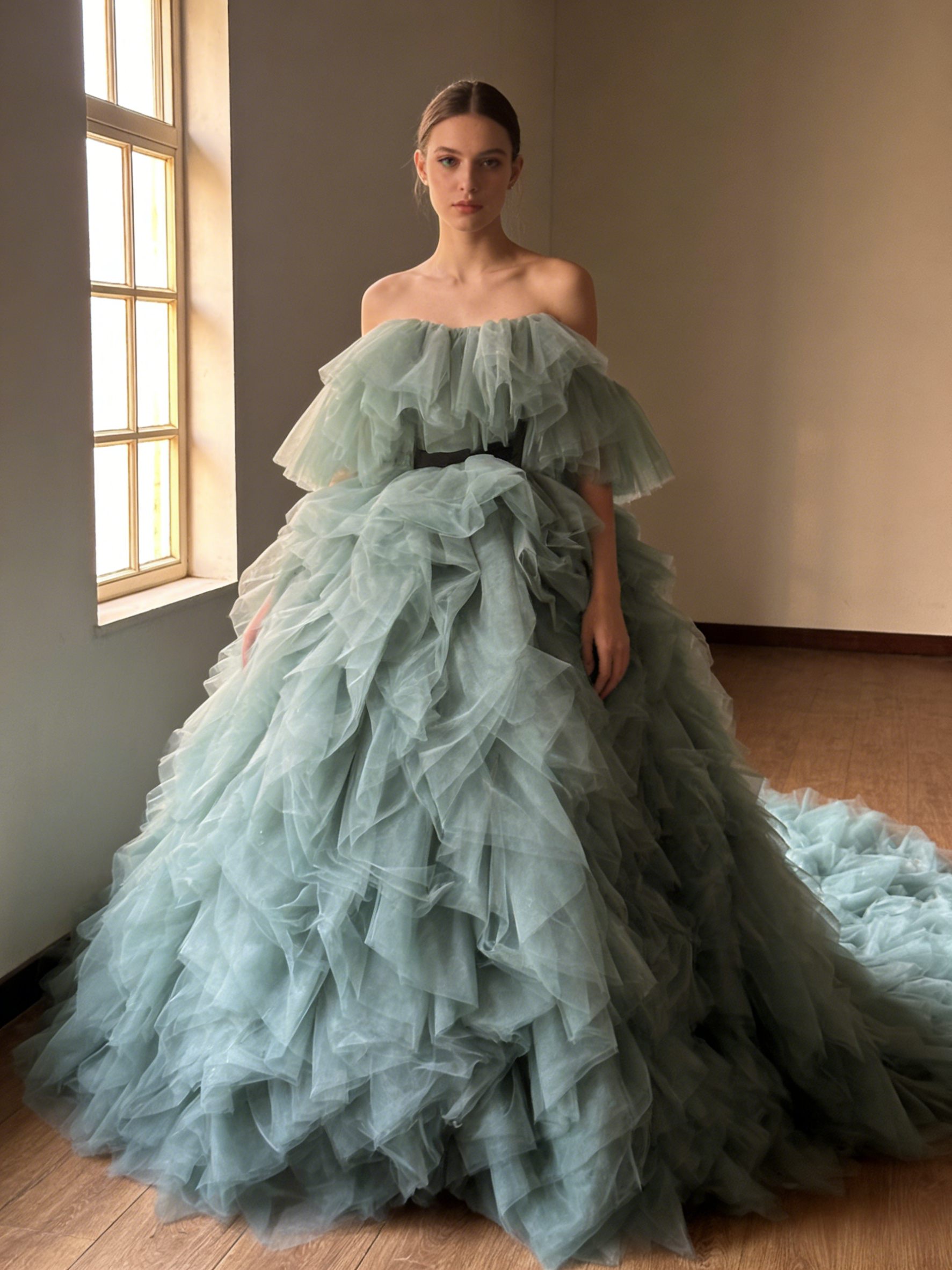 オフショルダー　ミントグリーン　カラードレス　韓国風ドレス　チュールドレス　もこもこフリルドレス　ボリューミー　前撮り
