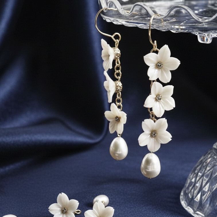 白桜 三輪 揺れるピアス｜淡水パール｜桜モチーフ