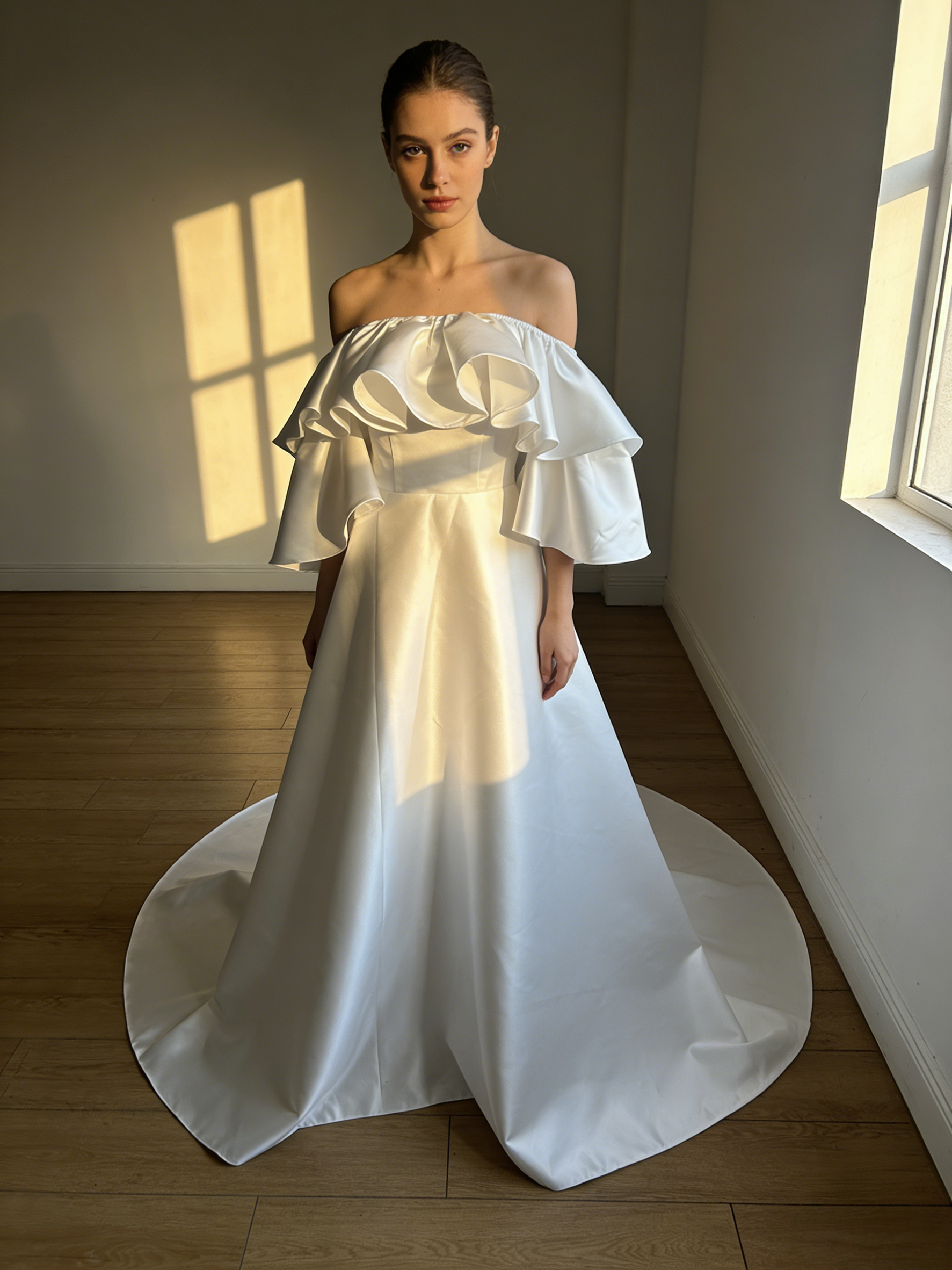 送料無料！オフホワイト  オフショルダー ウエディングドレス  前撮り 結婚式ドレス 2次会 Aライン パーティードレス