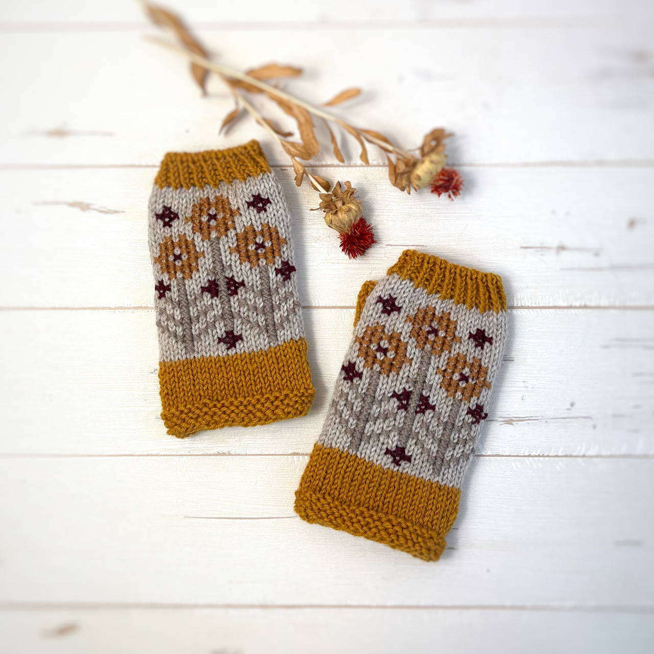 花刺繍ハーフミトン(Camel)