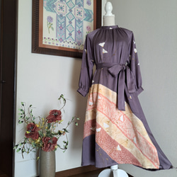 ☆着物リメイク/ハンドメイド/村山大島紬/キ-ネックワンピース/正絹