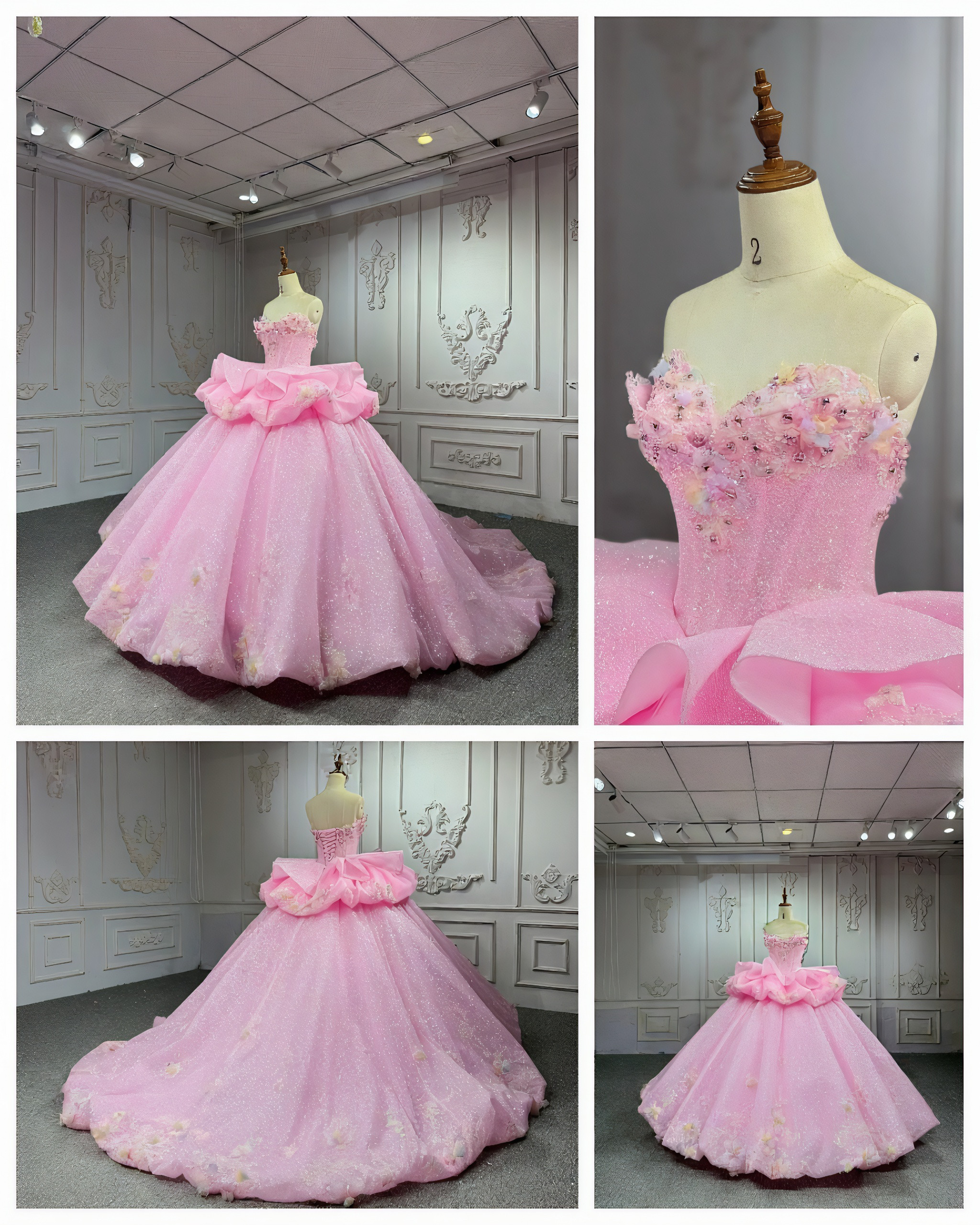 高品質保証　ボリューム感　ピンク鮮やかドレスパーティー　ラッフルスカート　二次会前撮りプリンセスライン　お花嫁ウェディン