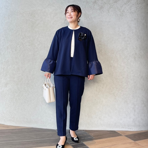 set□2way 上品ジャケット＆美脚ストレッチパンツスーツ 黒【フリー