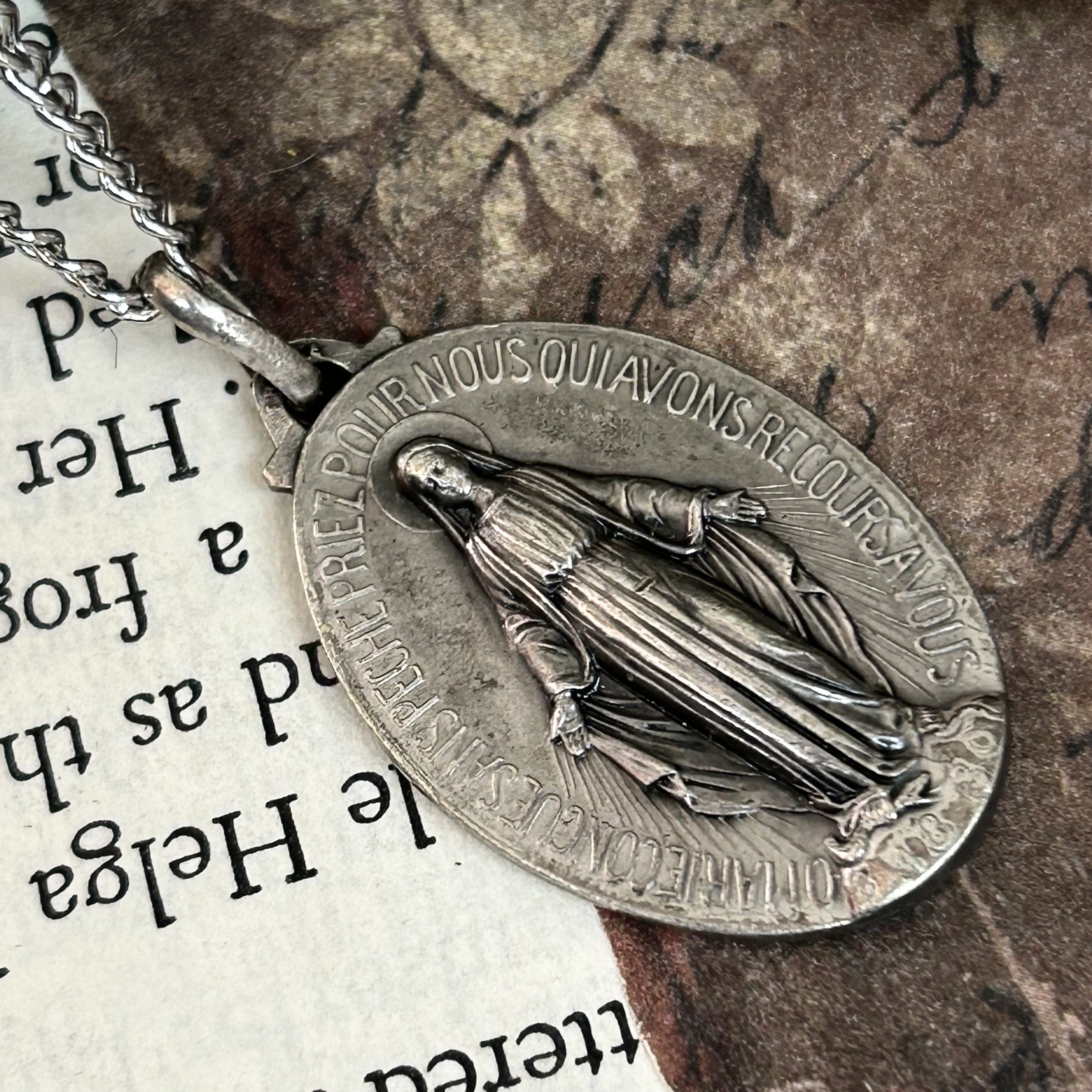 1900年代初期 ヴィンテージ マリア メダイ ネックレス フランス アンティーク シルバー コインステンレスチェーン