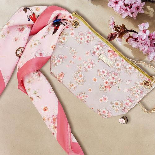 桜2026 ☆ 手描き春桜 ショルダーバッグ チェーン付き & スカーフ 2 点