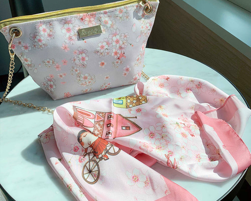 新作2026 ☆ 手描き春桜 ショルダーバッグ チェーン付き & スカーフ 2