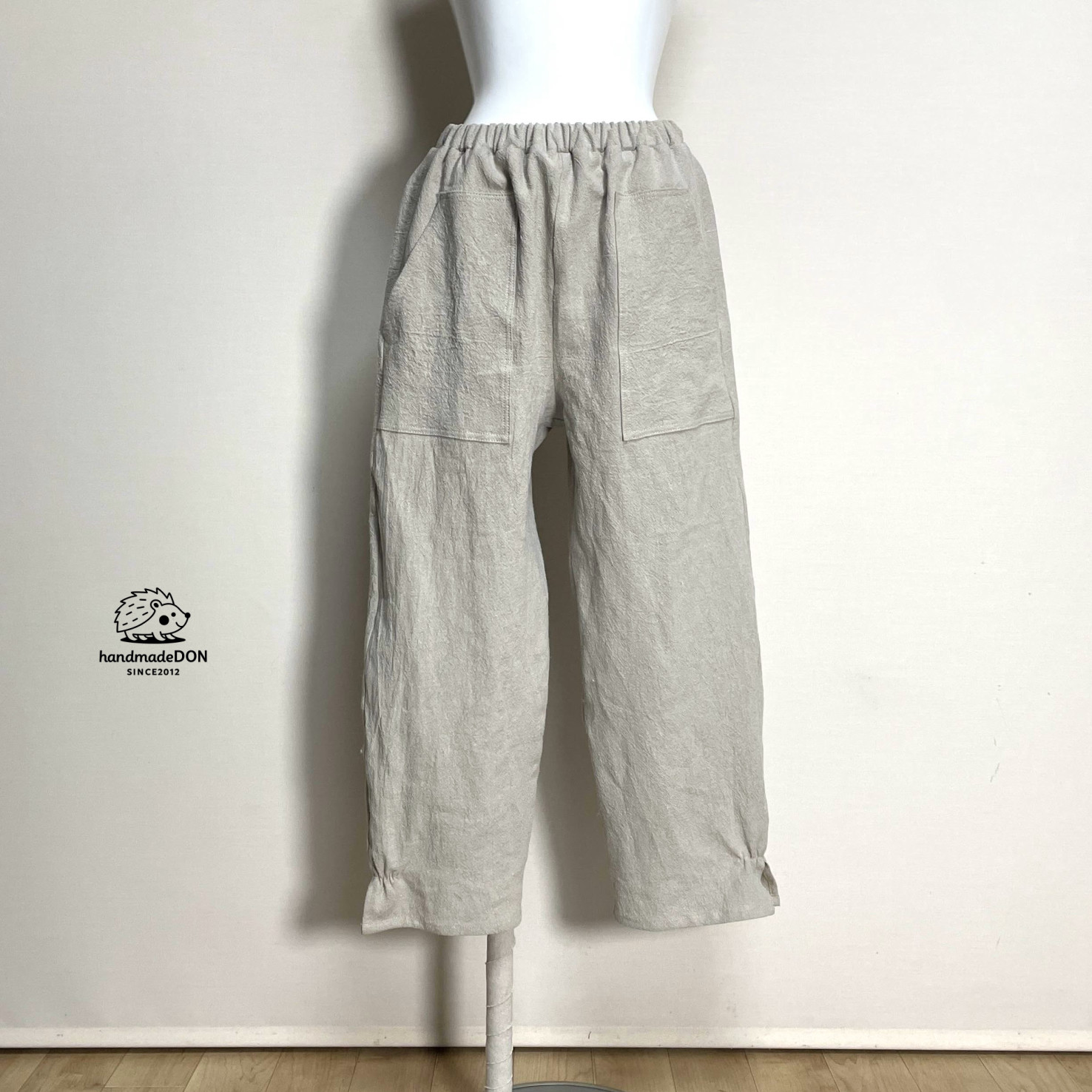 【厚手リネン・サニードライ】◆ポップスリットパンツ　ロング◆生成り◆フリーサイズ（リネン100％・9番手）