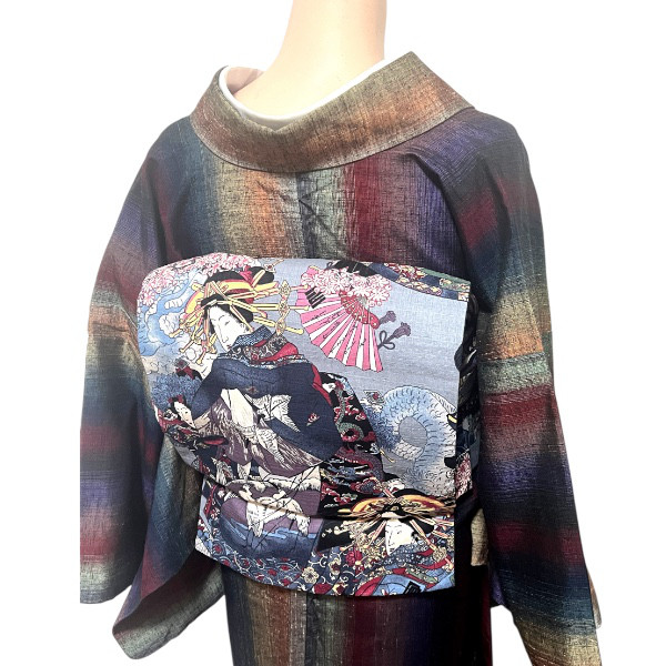 花魁柄と遠州綿紬縞のリバーシブル京袋帯