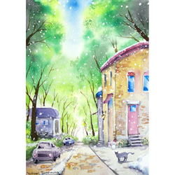 原画】森の中の滝（水彩画/額無し）☆神秘 水 滝 湖 風景画 絵画