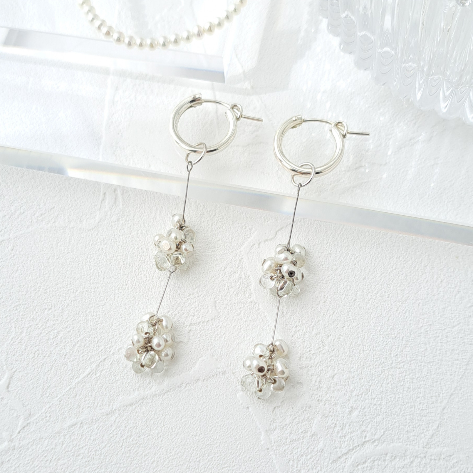 《全3種》選べる2連ロングフープ2wayピアス　パール・シルバー