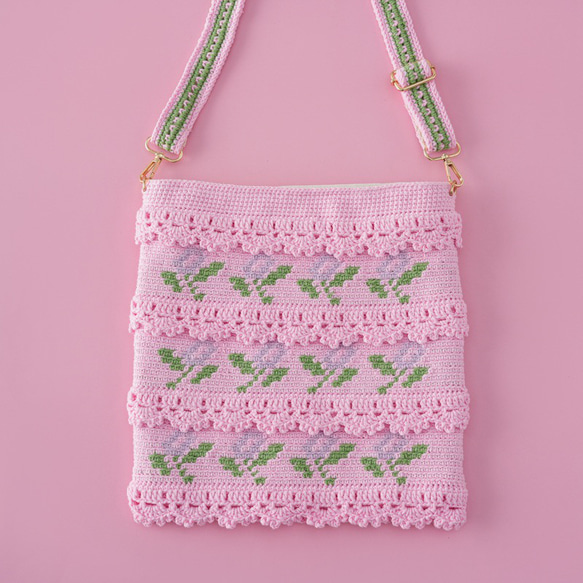 ハンドメイド手刺繍バッグ　ショルダーバッグ 手作り 毛糸 刺繍 かぎ針編み ショルダーバッグ【コントラストカラー