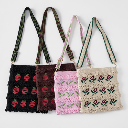 手作り 毛糸 刺繍 かぎ針編み ショルダーバッグ【コントラストカラー