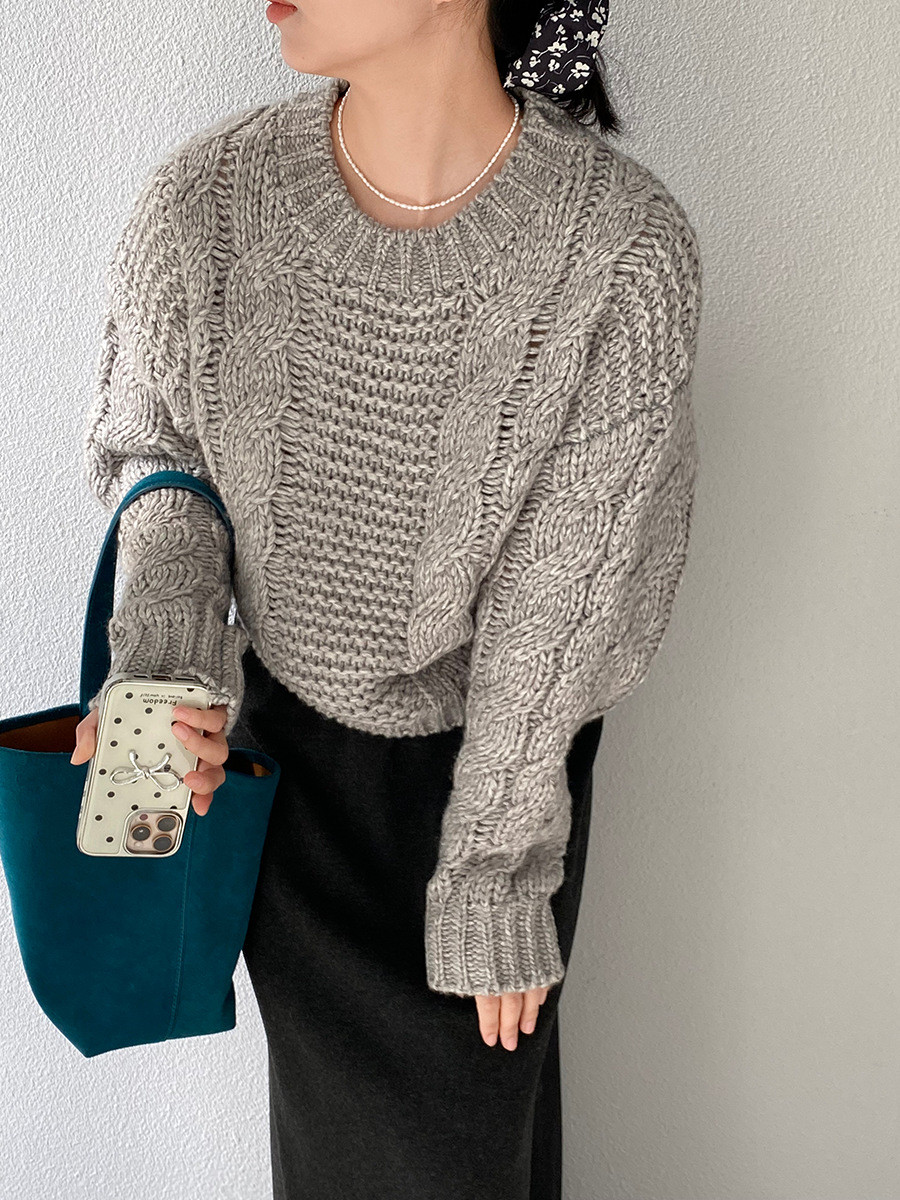 秋レディースシンプルな麻かけ柄のクルーネック厚手ニットセーター【返品・交換可】品質最優先25-628