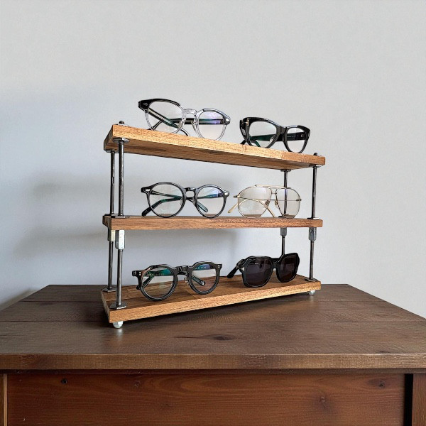 送料込み　天然木×アイアン 3段メガネラック｜眼鏡・サングラス収納｜什器・ディスプレイラック　メガネスタンド