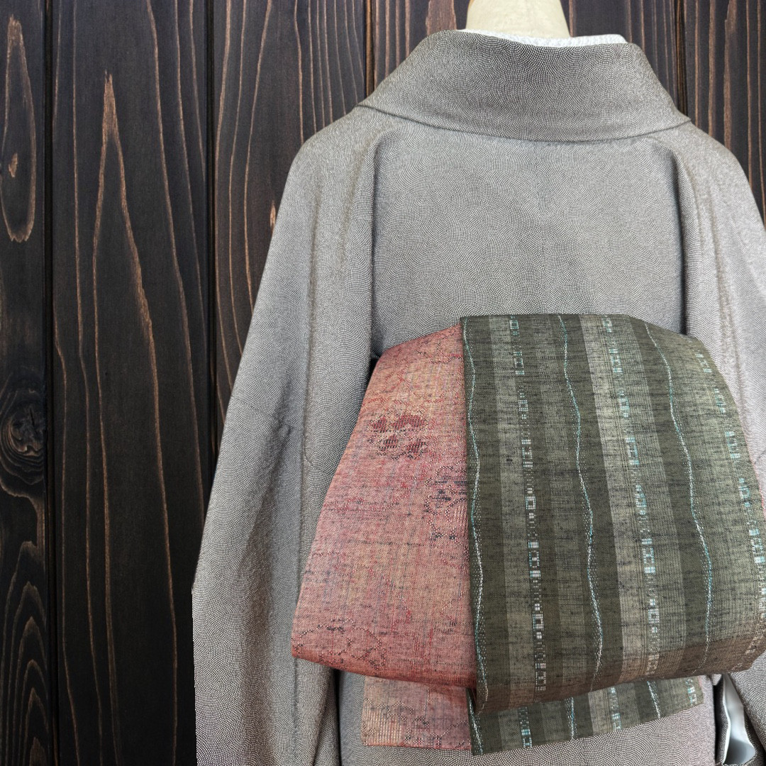 *着物反物*　深緑縞と茶紫花柄　大人の兵児帯　半幅帯　長尺475cm