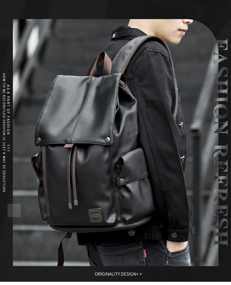 トレンドの PVC レザーリュック メンズバックパック カジュアルアウトドア旅行バッグ おしゃれな大学生用書包 ノート