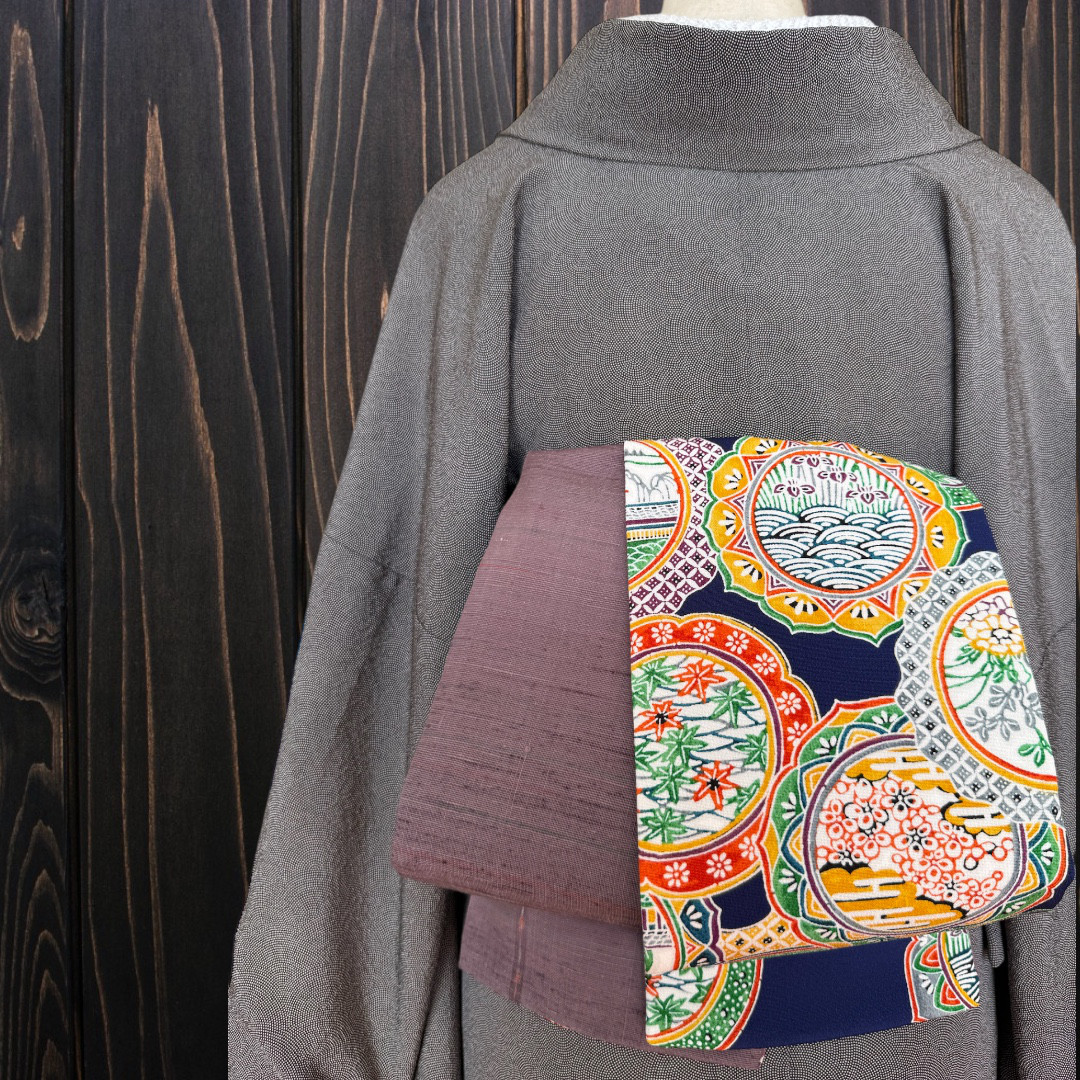 *着物反物*　浜ちりめんと灰紫紬　大人の兵児帯　半幅帯　長尺470cm