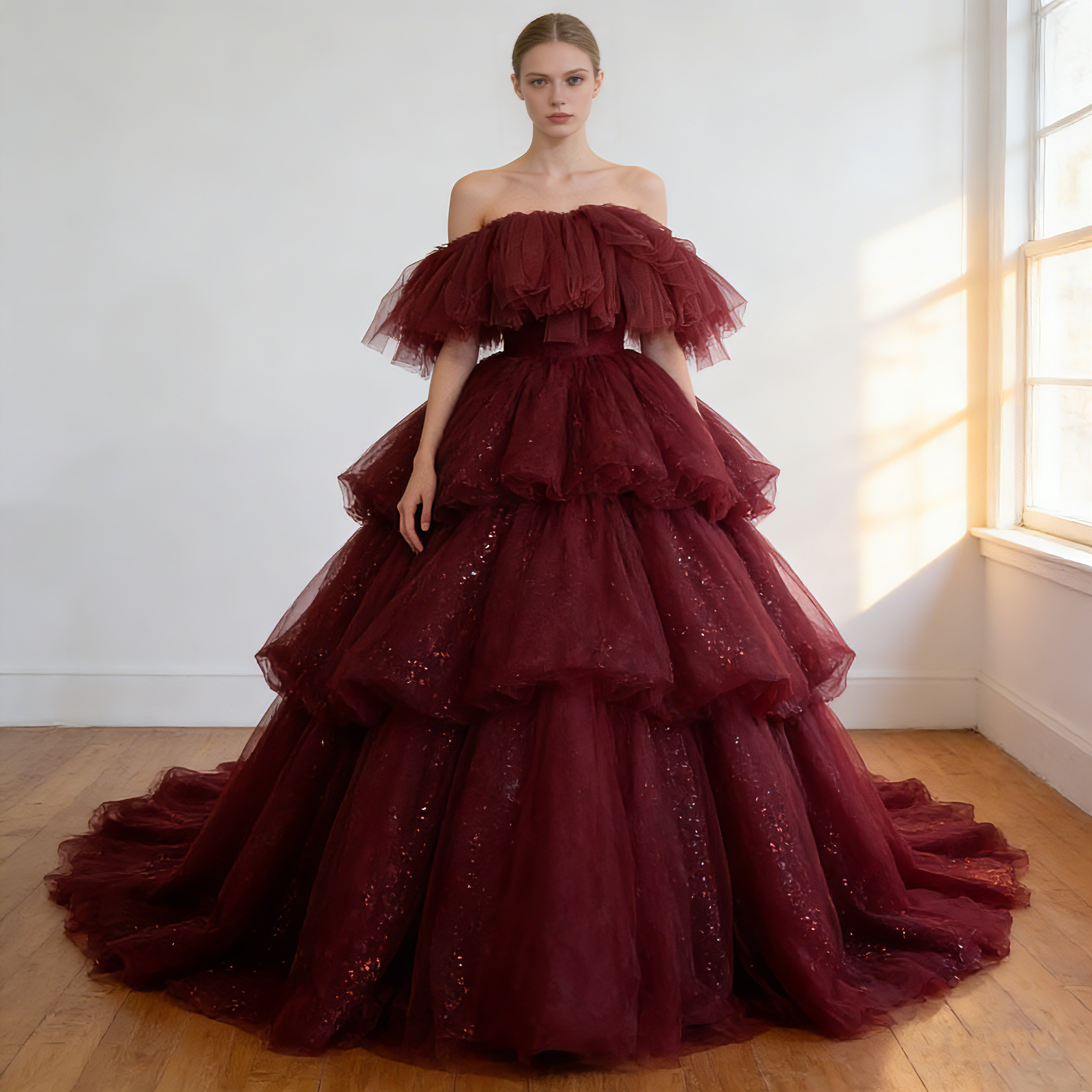 カラードレス   ボルドー色 オフショルダー シークインチュール 華やかなトレーン 結婚式  前撮り