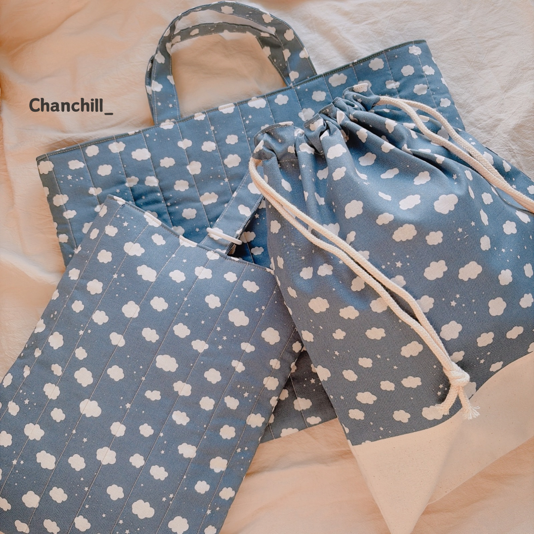 入園入学準備＊雲柄 入園入学3点セット　忙しいママも安心｜長く使えるナチュラルデザイン　レッスンバッグ　上履き入れ