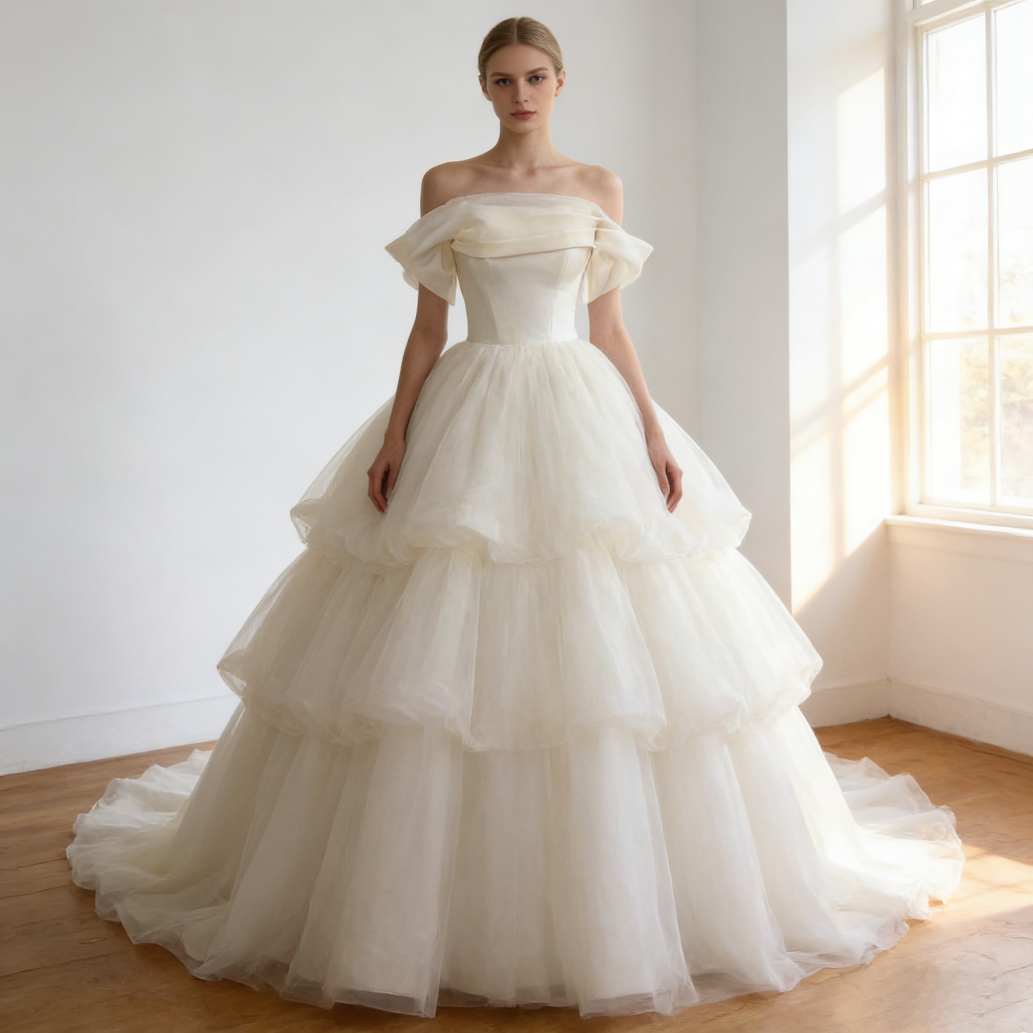 ウエディングドレス オフホワイト ソフトチュール  オフショルダー   華やかなトレーン   披露宴/結婚式