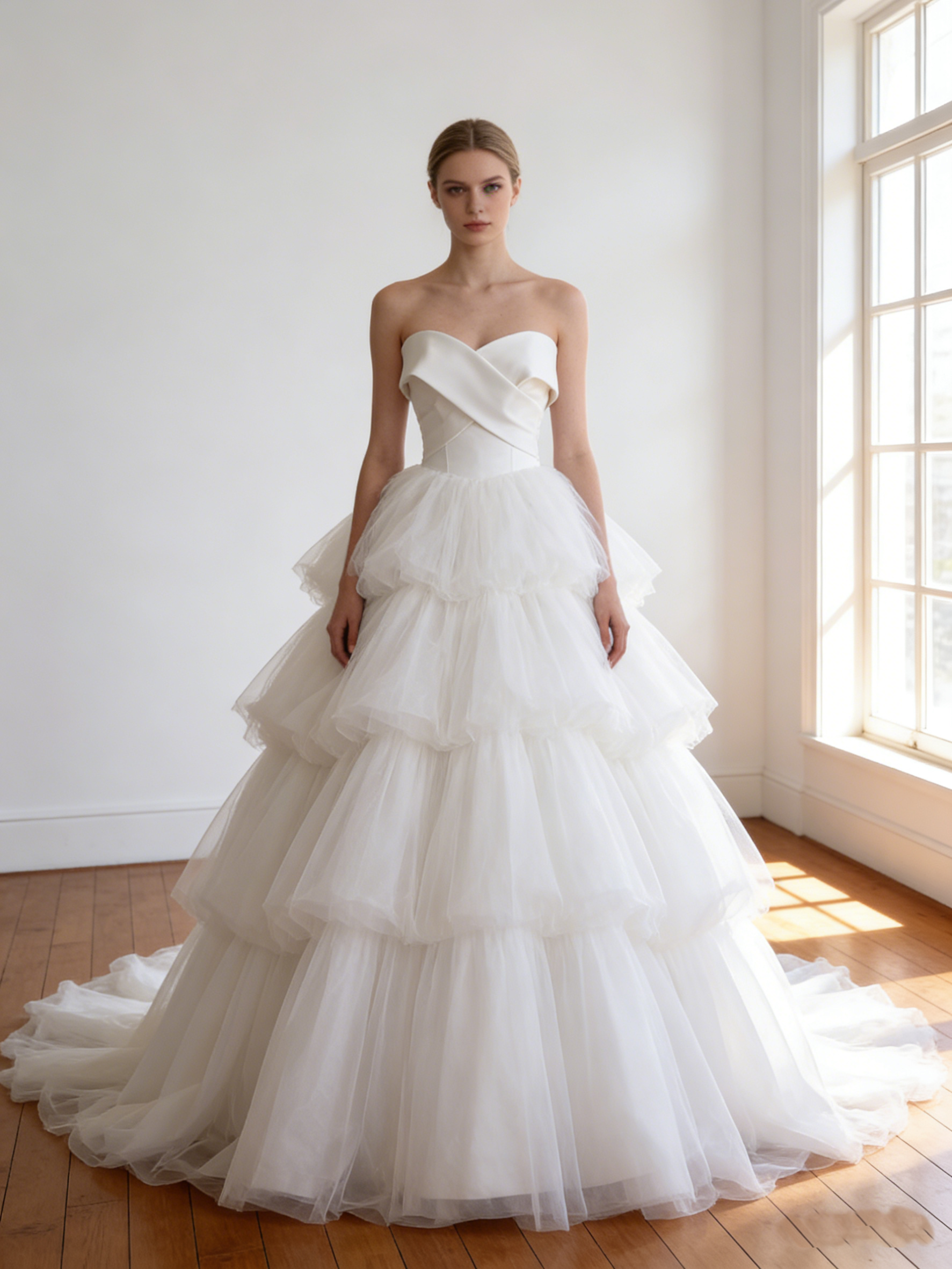 ウエディングドレス  オフホワイト   スリット  ソフトチュール   華やかなトレーン   ビスチェドレス   披露宴