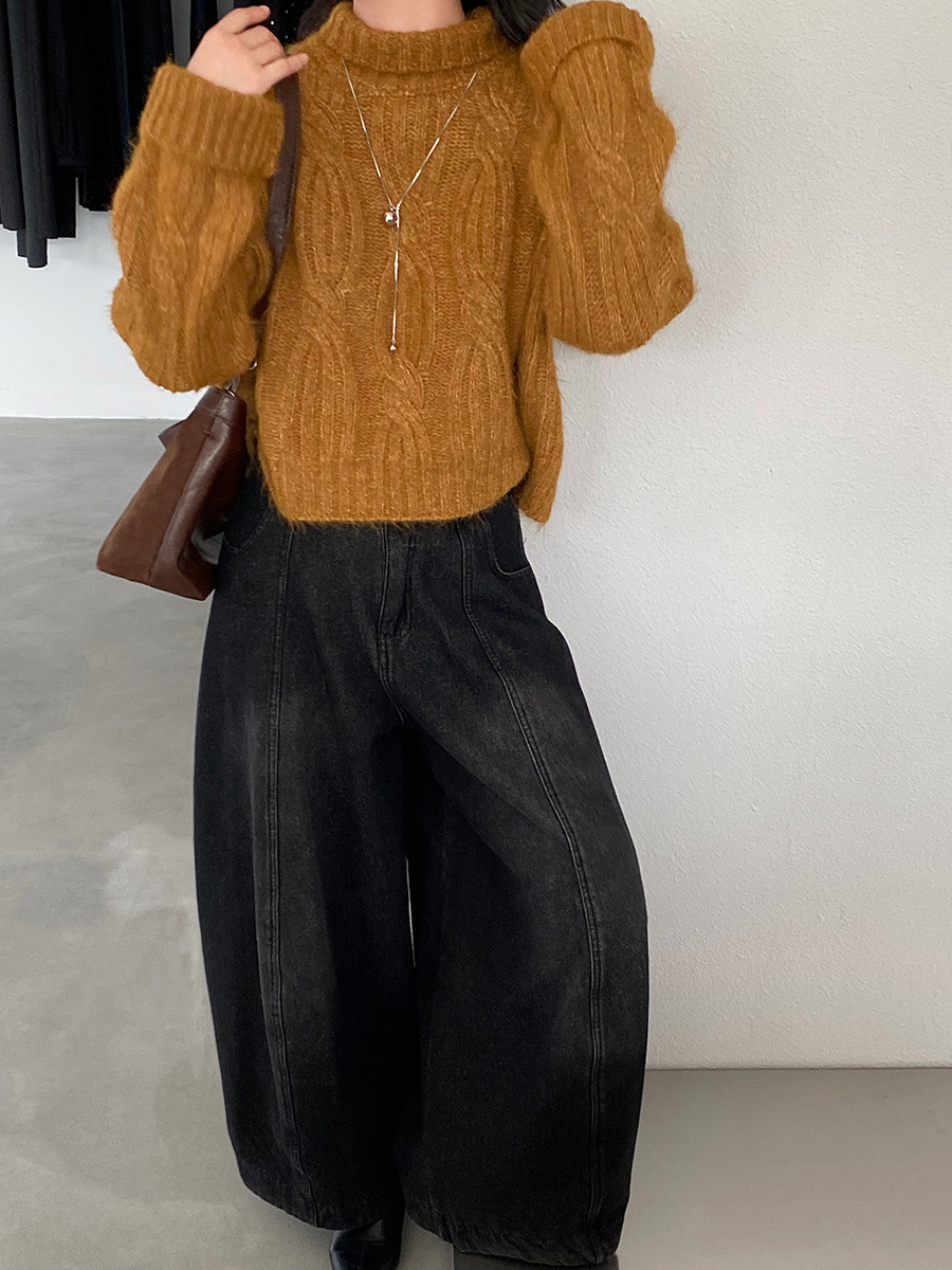 秋レディースショート丈のタートルネック麻かけ柄ニットセーター【返品・交換可】品質最優先25-629