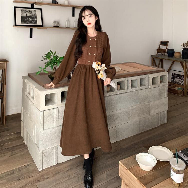 新品 大きいサイズ4L前後 Aラインワンピース ロング丈ハートボタン 秋冬茶w