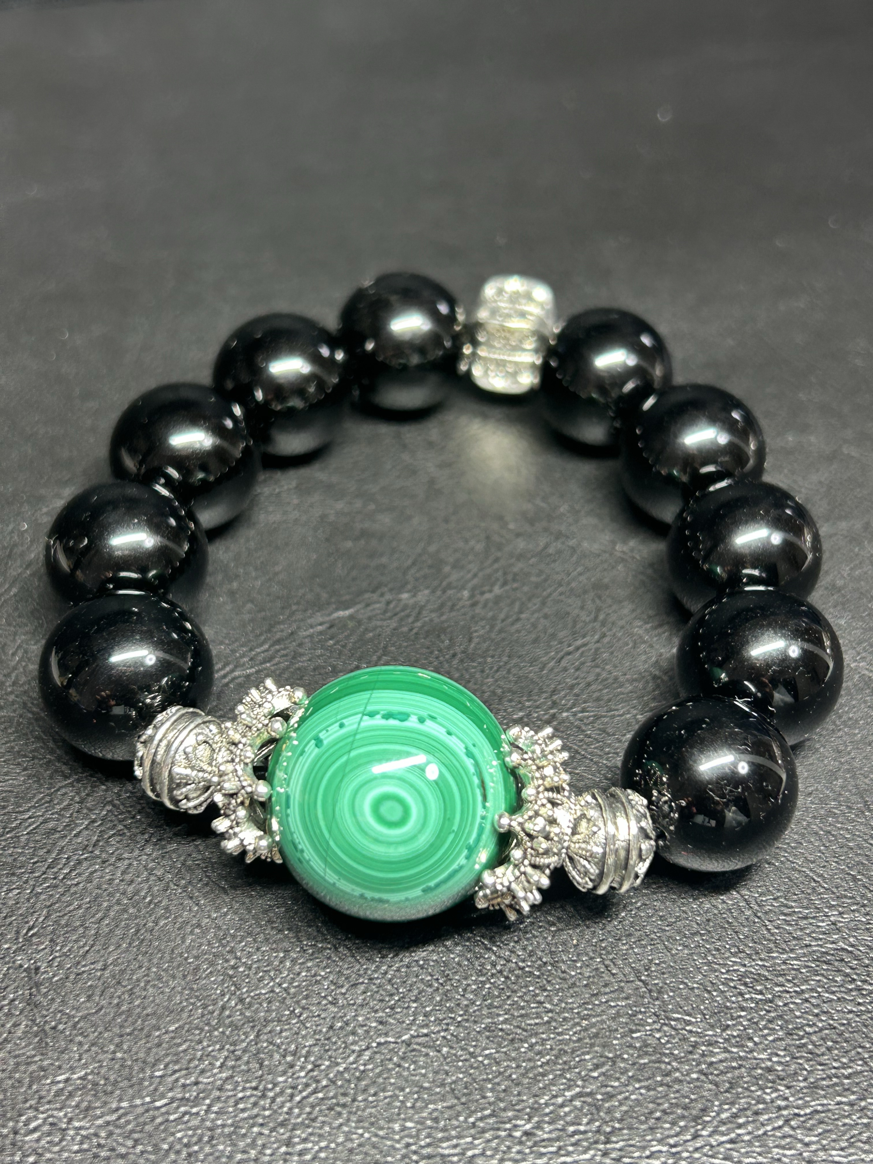 【パンダの工房】天然石オニキスマラカイトデザインブレスレット送料無料プレゼント最適