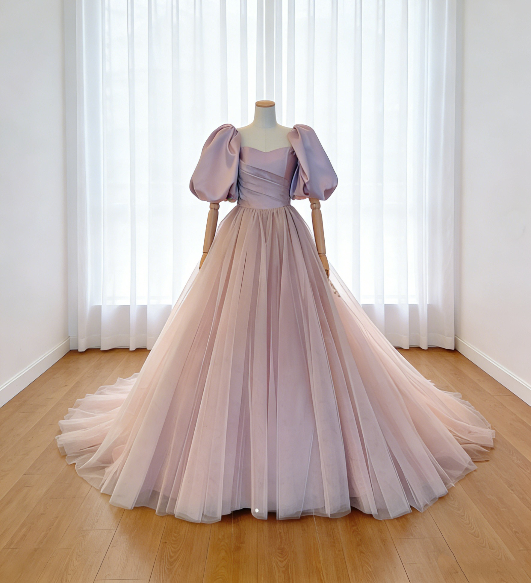 送料無料！カラードレス ピンク パフスリーブドレス プリンセスライン 柔らかく重ねたチュールスカート 結婚式  豪奢