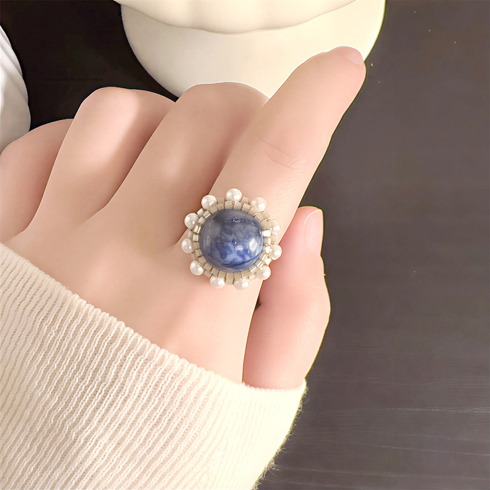 【選べる10色】フリーサイズ｜ ビーズ刺繍のクラシカルリング ｜ 選べるストーン ｜ラピスラズリ｜ローズクォーツ