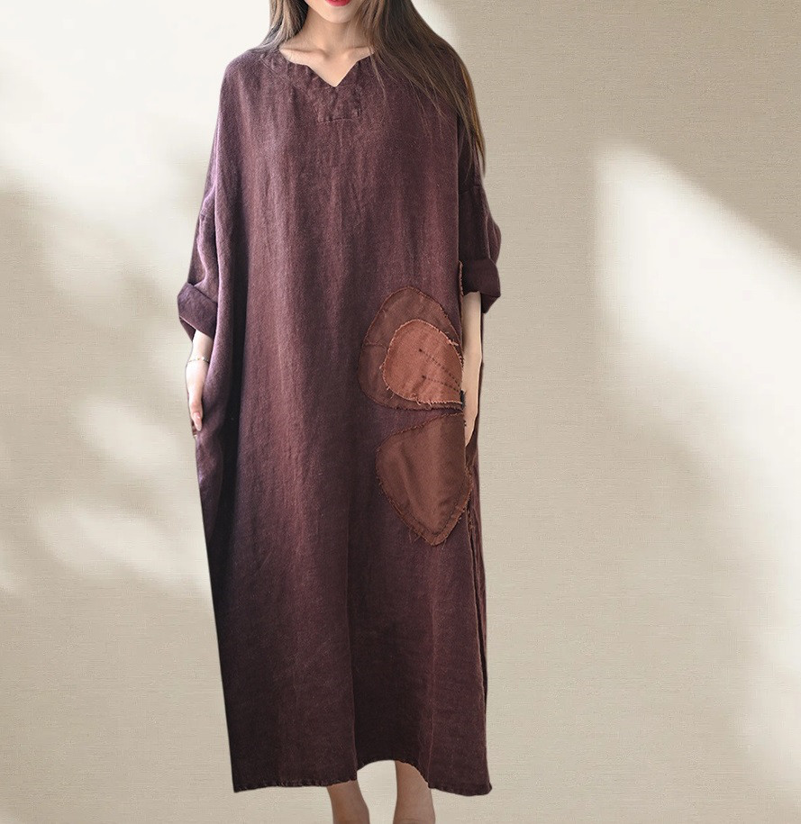 秋 綿麻    プリント   コブボタン   ワンピース